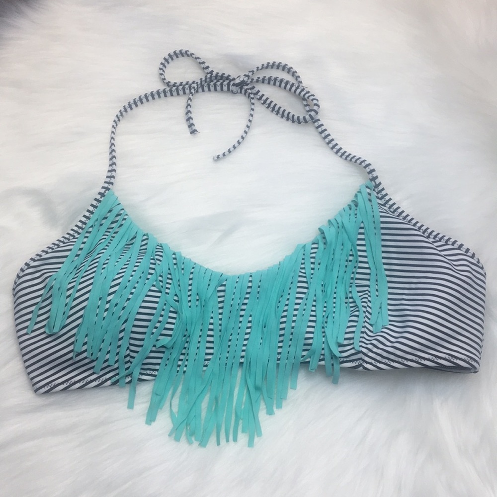 NEW VS Black wWhite Stripe, Aqua Fringe Bikini Top